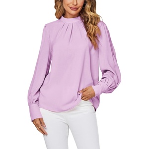 image:imageLYANER Womens Mock Neck Pleated Solid Long Sleeve Blouse Office Shirt TopLight Purple