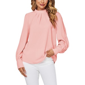 image:imageLYANER Womens Mock Neck Pleated Solid Long Sleeve Blouse Office Shirt TopPink