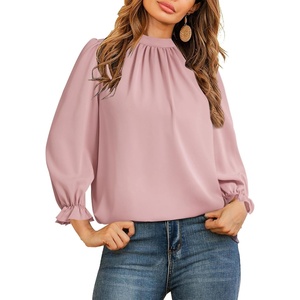 image:imageLYANER Womens Mock Neck Ruffle Trim Puff Long Sleeve Blouse Casual Office Shirt TopPink
