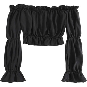 image:imageLYANER Womens Off Shoulder Ruffle Trim Puff Long Sleeve Tube Crop Blouse Shirt TopBlack