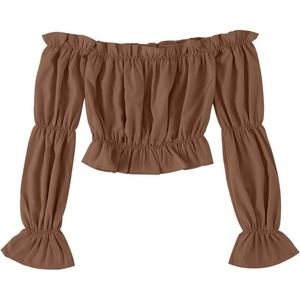 image:imageLYANER Womens Off Shoulder Ruffle Trim Puff Long Sleeve Tube Crop Blouse Shirt TopBrown