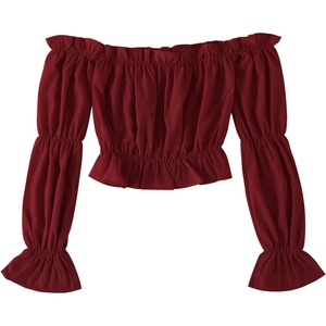 image:imageLYANER Womens Off Shoulder Ruffle Trim Puff Long Sleeve Tube Crop Blouse Shirt TopBurgundy
