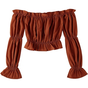 image:imageLYANER Womens Off Shoulder Ruffle Trim Puff Long Sleeve Tube Crop Blouse Shirt TopBurnt Orange