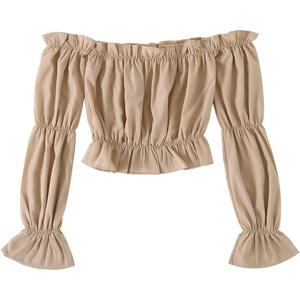 image:imageLYANER Womens Off Shoulder Ruffle Trim Puff Long Sleeve Tube Crop Blouse Shirt TopKhaki