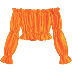 image:imageLYANER Womens Off Shoulder Ruffle Trim Puff Long Sleeve Tube Crop Blouse Shirt TopOrange
