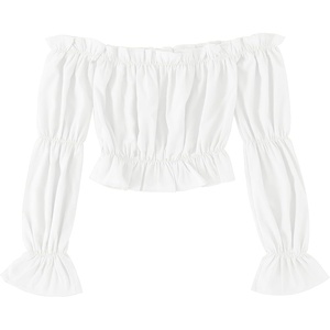 image:imageLYANER Womens Off Shoulder Ruffle Trim Puff Long Sleeve Tube Crop Blouse Shirt TopPure White