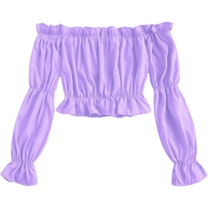 image:imageLYANER Womens Off Shoulder Ruffle Trim Puff Long Sleeve Tube Crop Blouse Shirt TopPurple