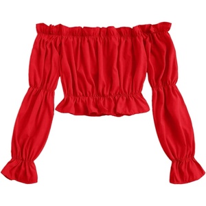 image:imageLYANER Womens Off Shoulder Ruffle Trim Puff Long Sleeve Tube Crop Blouse Shirt TopRed