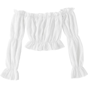 image:imageLYANER Womens Off Shoulder Ruffle Trim Puff Long Sleeve Tube Crop Blouse Shirt TopWhite