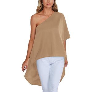 image:imageLYANER Womens One Shoulder Batwing Short Sleeve Blouse High Low Hem Long Shirt TopKhaki