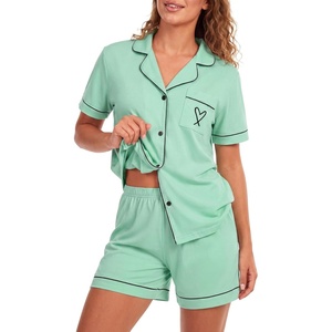 image:imageLYANER Womens Pajamas Set Heart Print Button Short Sleeve Shirt With Shorts Sleepwear Pjs Lounge SetBean Green