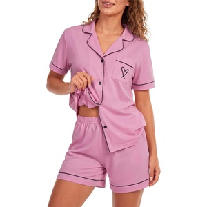 image:imageLYANER Womens Pajamas Set Heart Print Button Short Sleeve Shirt With Shorts Sleepwear Pjs Lounge SetBegonia Pink