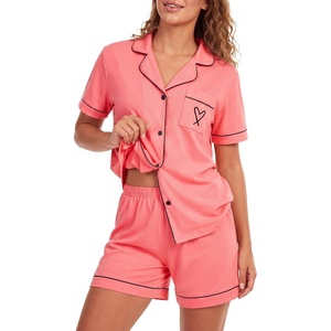 image:imageLYANER Womens Pajamas Set Heart Print Button Short Sleeve Shirt With Shorts Sleepwear Pjs Lounge SetCoral Pink