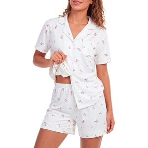 image:imageLYANER Womens Pajamas Set Heart Print Button Short Sleeve Shirt With Shorts Sleepwear Pjs Lounge SetFloral White