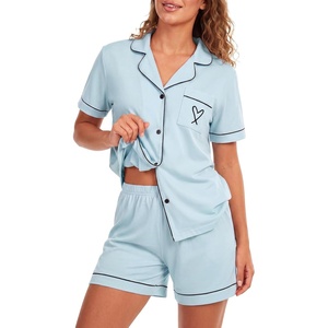 image:imageLYANER Womens Pajamas Set Heart Print Button Short Sleeve Shirt With Shorts Sleepwear Pjs Lounge SetLight Blue