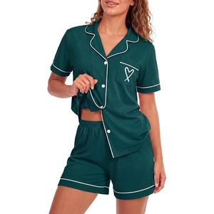 image:imageLYANER Womens Pajamas Set Heart Print Button Short Sleeve Shirt With Shorts Sleepwear Pjs Lounge SetTeal