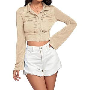 image:imageLYANER Womens Ruched Front Button Down V Neck Bell Long Sleeve Crop Tops Dressy Blouse ShirtBeige