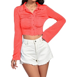 image:imageLYANER Womens Ruched Front Button Down V Neck Bell Long Sleeve Crop Tops Dressy Blouse ShirtBright Pink