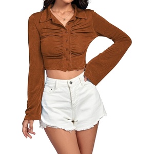 image:imageLYANER Womens Ruched Front Button Down V Neck Bell Long Sleeve Crop Tops Dressy Blouse ShirtBrown