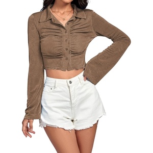 image:imageLYANER Womens Ruched Front Button Down V Neck Bell Long Sleeve Crop Tops Dressy Blouse ShirtKhaki