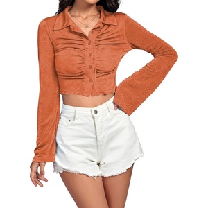 image:imageLYANER Womens Ruched Front Button Down V Neck Bell Long Sleeve Crop Tops Dressy Blouse ShirtOrange
