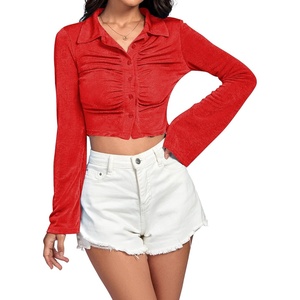 image:imageLYANER Womens Ruched Front Button Down V Neck Bell Long Sleeve Crop Tops Dressy Blouse ShirtRed