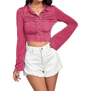image:imageLYANER Womens Ruched Front Button Down V Neck Bell Long Sleeve Crop Tops Dressy Blouse ShirtRose