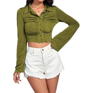 image:imageLYANER Womens Ruched Front Button Down V Neck Bell Long Sleeve Crop Tops Dressy Blouse ShirtSage Green