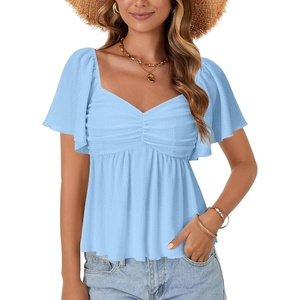 image:imageLYANER Womens Ruffle Peplum Blouse Ruched Sweetheart V Neck Cute ShirtAzure