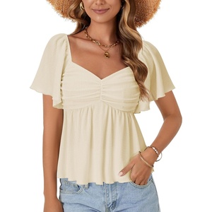image:imageLYANER Womens Ruffle Peplum Blouse Ruched Sweetheart V Neck Cute ShirtBeige