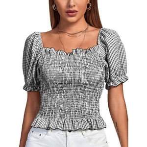 image:imageLYANER Womens Ruffle Peplum Smock Gingham Crop Top Square Neck Puff Short Sleeve Blouse ShirtBlack