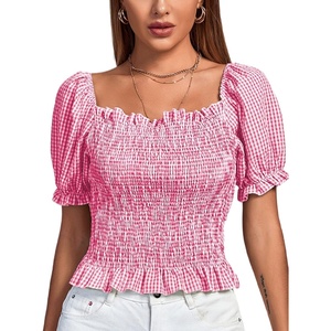 image:imageLYANER Womens Ruffle Peplum Smock Gingham Crop Top Square Neck Puff Short Sleeve Blouse ShirtRose Red