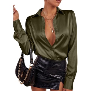 image:imageLYANER Womens Satin Blouse Long Sleeve Silk Button Down Shirts Work Office Dressy TopsArmy Green