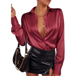 image:imageLYANER Womens Satin Blouse Long Sleeve Silk Button Down Shirts Work Office Dressy TopsBurgundy
