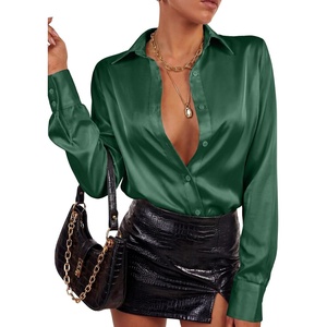 image:imageLYANER Womens Satin Blouse Long Sleeve Silk Button Down Shirts Work Office Dressy TopsDark Green
