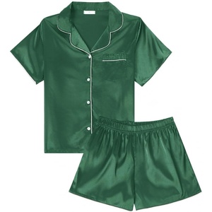 image:imageLYANER Womens Satin Silk Pajamas Short Sleeve Button Shirt with Shorts Set PJ SleepwearDark Green
