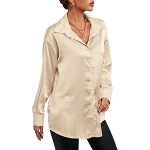 image:imageLYANER Womens Satin Silky Loose Turn Down V Neck Long Sleeve Button Blouse Shirt TopBeige