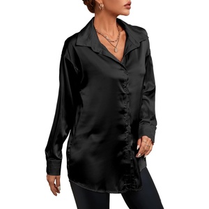 image:imageLYANER Womens Satin Silky Loose Turn Down V Neck Long Sleeve Button Blouse Shirt TopBlack