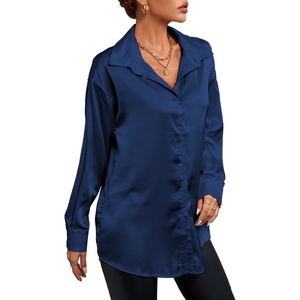 image:imageLYANER Womens Satin Silky Loose Turn Down V Neck Long Sleeve Button Blouse Shirt TopDark Blue