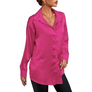 image:imageLYANER Womens Satin Silky Loose Turn Down V Neck Long Sleeve Button Blouse Shirt TopRose