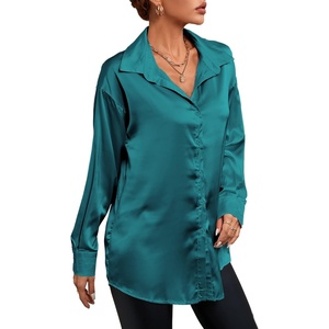 image:imageLYANER Womens Satin Silky Loose Turn Down V Neck Long Sleeve Button Blouse Shirt TopTeal