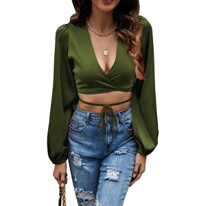 image:imageLYANER Womens Satin Wrap V Neck Criss Cross Tie Long Sleeve Crop Blouse TopArmy Green