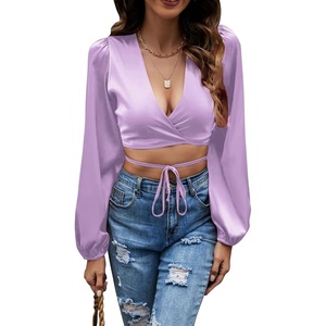 image:imageLYANER Womens Satin Wrap V Neck Criss Cross Tie Long Sleeve Crop Blouse TopLight Purple