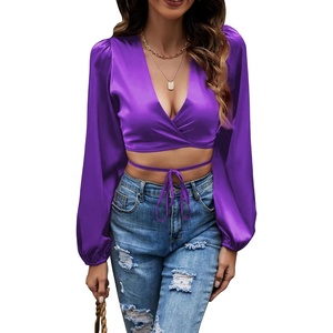image:imageLYANER Womens Satin Wrap V Neck Criss Cross Tie Long Sleeve Crop Blouse TopPurple