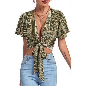 image:imageLYANER Womens Sexy Deep V Neck Tie Front Wrap Cropped Blouse Bell Short Sleeve Ruffle Crop TopsBohemian Green