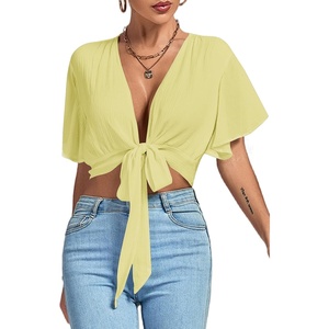 image:imageLYANER Womens Sexy Deep V Neck Tie Front Wrap Cropped Blouse Bell Short Sleeve Ruffle Crop TopsLight Yellow