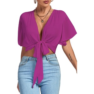 image:imageLYANER Womens Sexy Deep V Neck Tie Front Wrap Cropped Blouse Bell Short Sleeve Ruffle Crop TopsRose