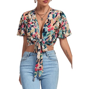 image:imageLYANER Womens Sexy Deep V Neck Tie Front Wrap Cropped Blouse Bell Short Sleeve Ruffle Crop TopsTropical Multicolored