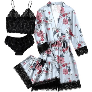 image:imageLYANER Womens Sexy Silk Satin Pajamas Set 4pcs Lingerie Nightwear Floral Lace Cami Pjs Sleepwear with RobeBlue Print