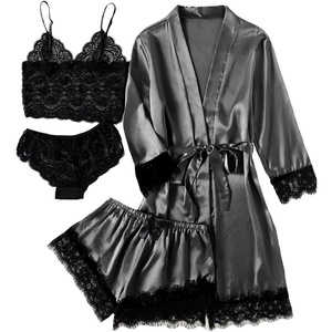 image:imageLYANER Womens Sexy Silk Satin Pajamas Set 4pcs Lingerie Nightwear Floral Lace Cami Pjs Sleepwear with RobeDark Grey